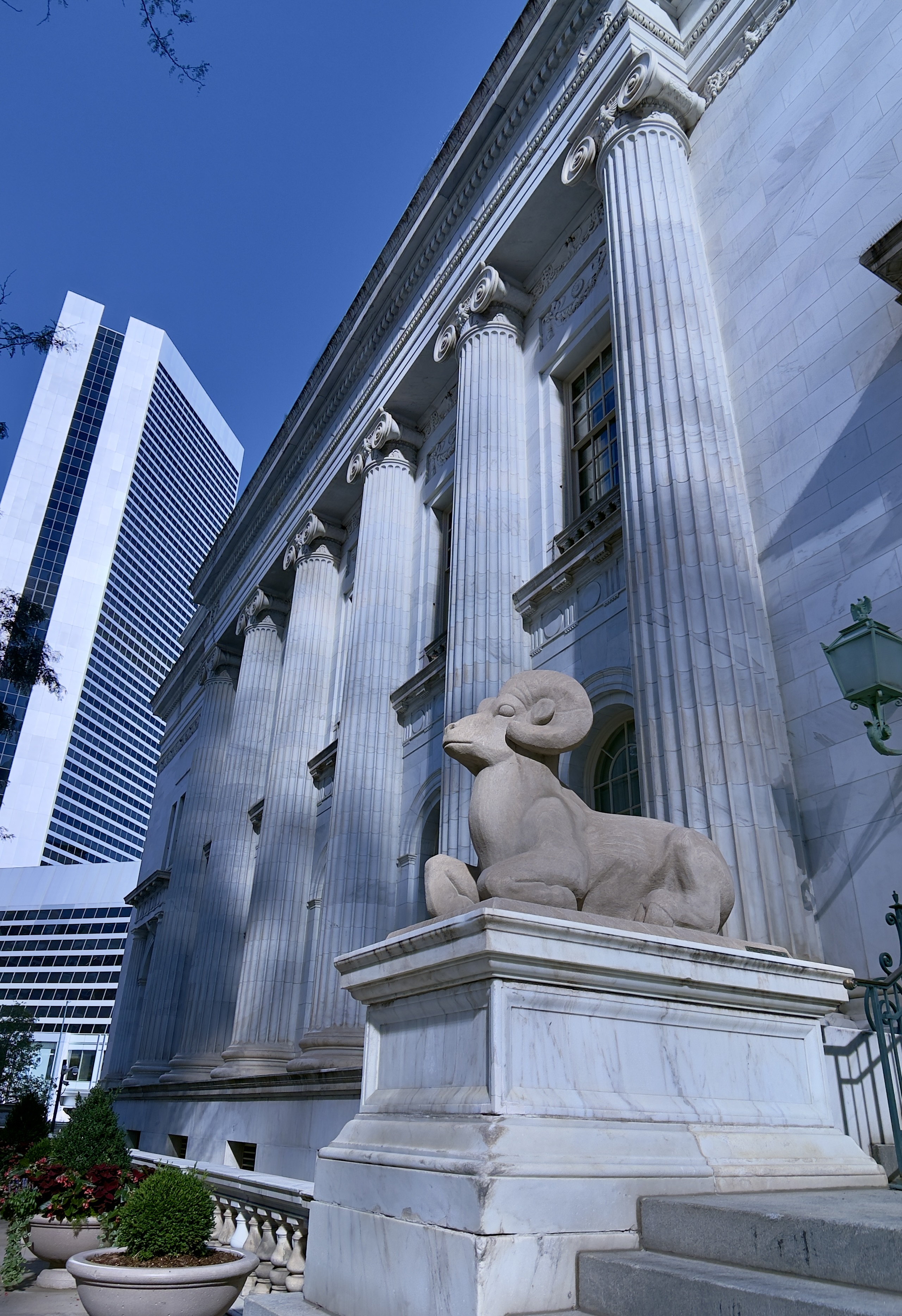 Exterior photo of the 10th Circuit Court of Appeals in Denver, Colorado and statue of a Rocky Mountain Bighorn Sheep