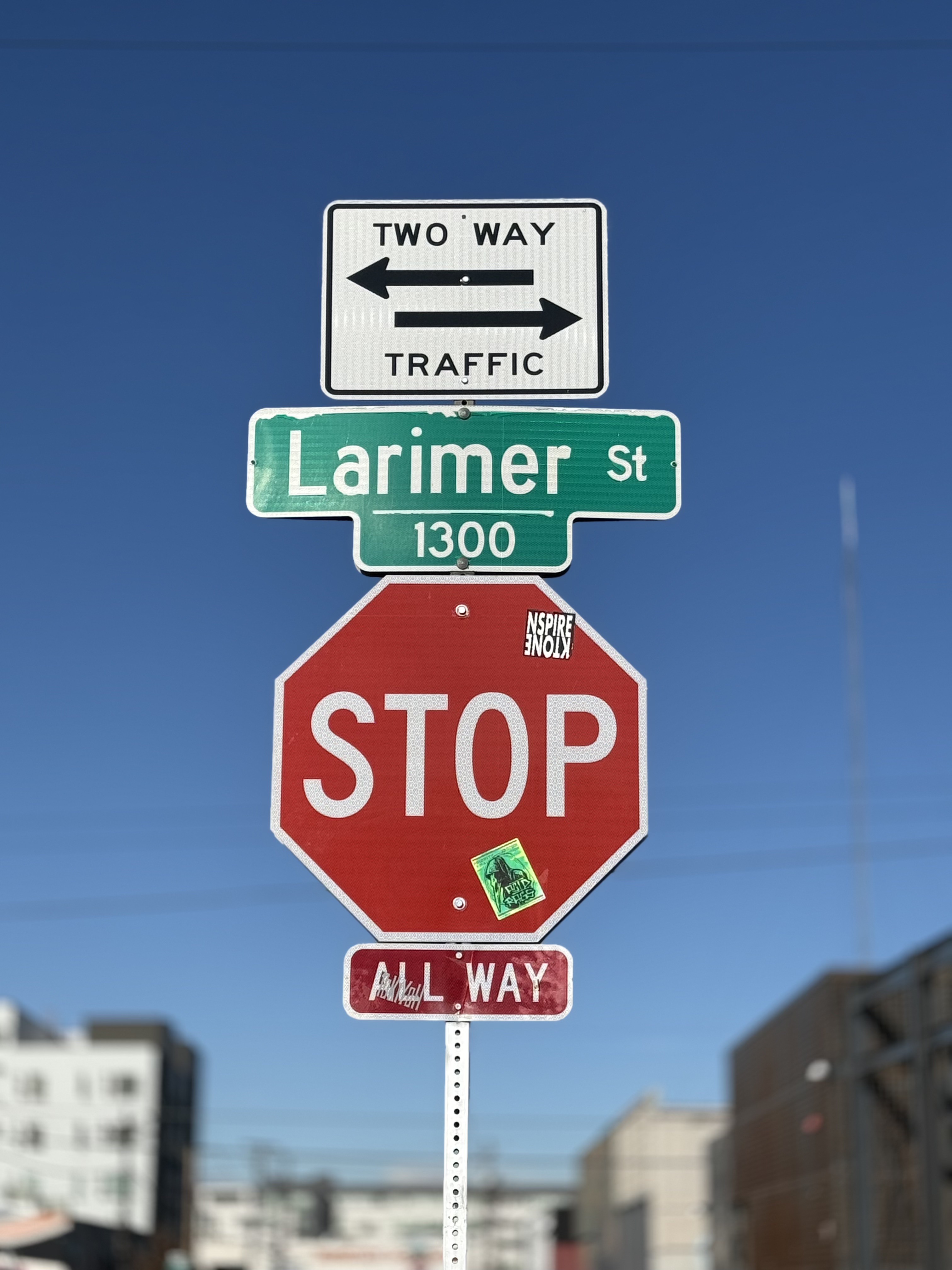 All Way Stop Sign on Larimer Street in Denver, Colorado